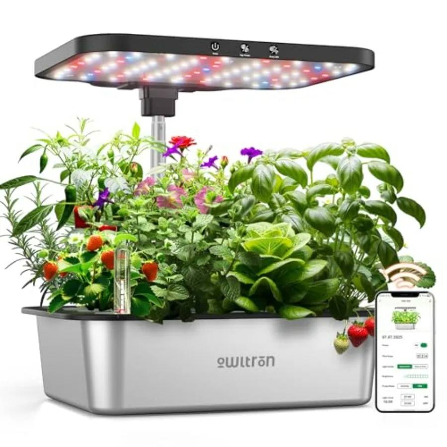 Smart Garden Construct - 屋内ハーブガーデンキット（15ポッド）、ステンレス製、ホワイト仕上げ、スマートアプリ制御、36WフルスペクトルLEDライト付き